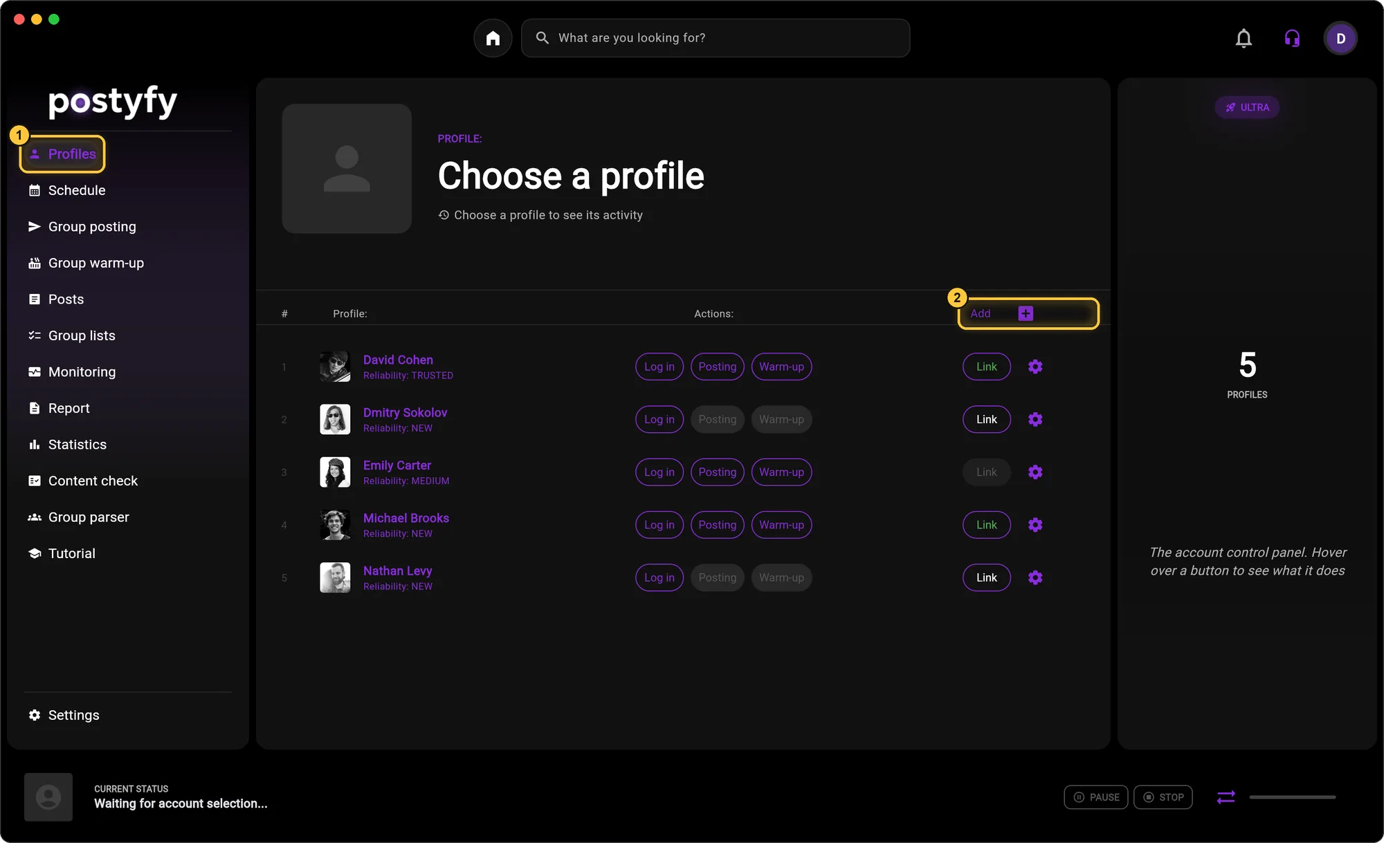 Profiles → “Add”.
