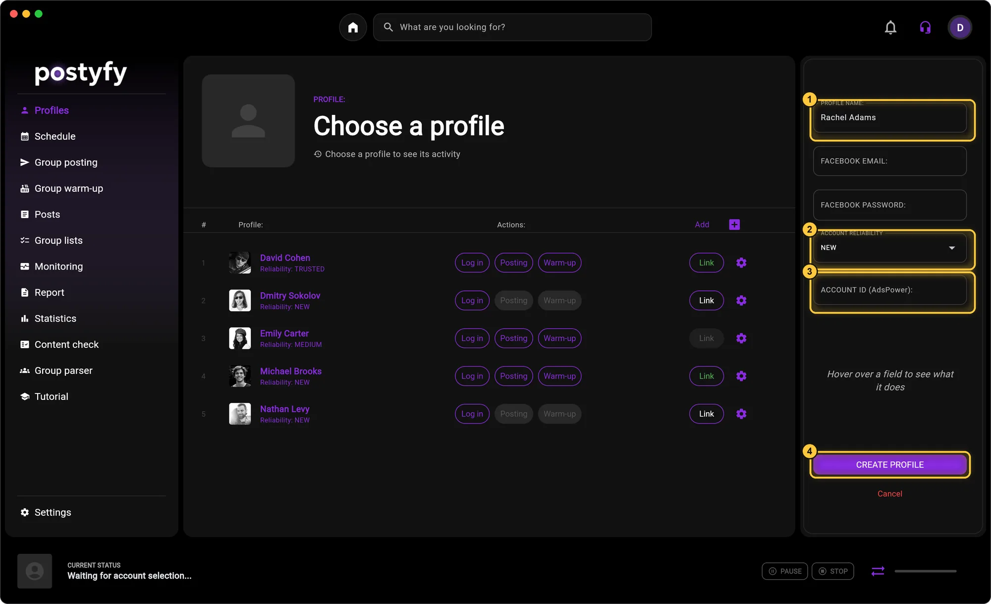 Enter a profile name and reliability — and, if you want this account to run in an antidetect browser, its profile ID. Then click “CREATE PROFILE”.
(Important: the same antidetect browser must be selected in Settings → Browser.)