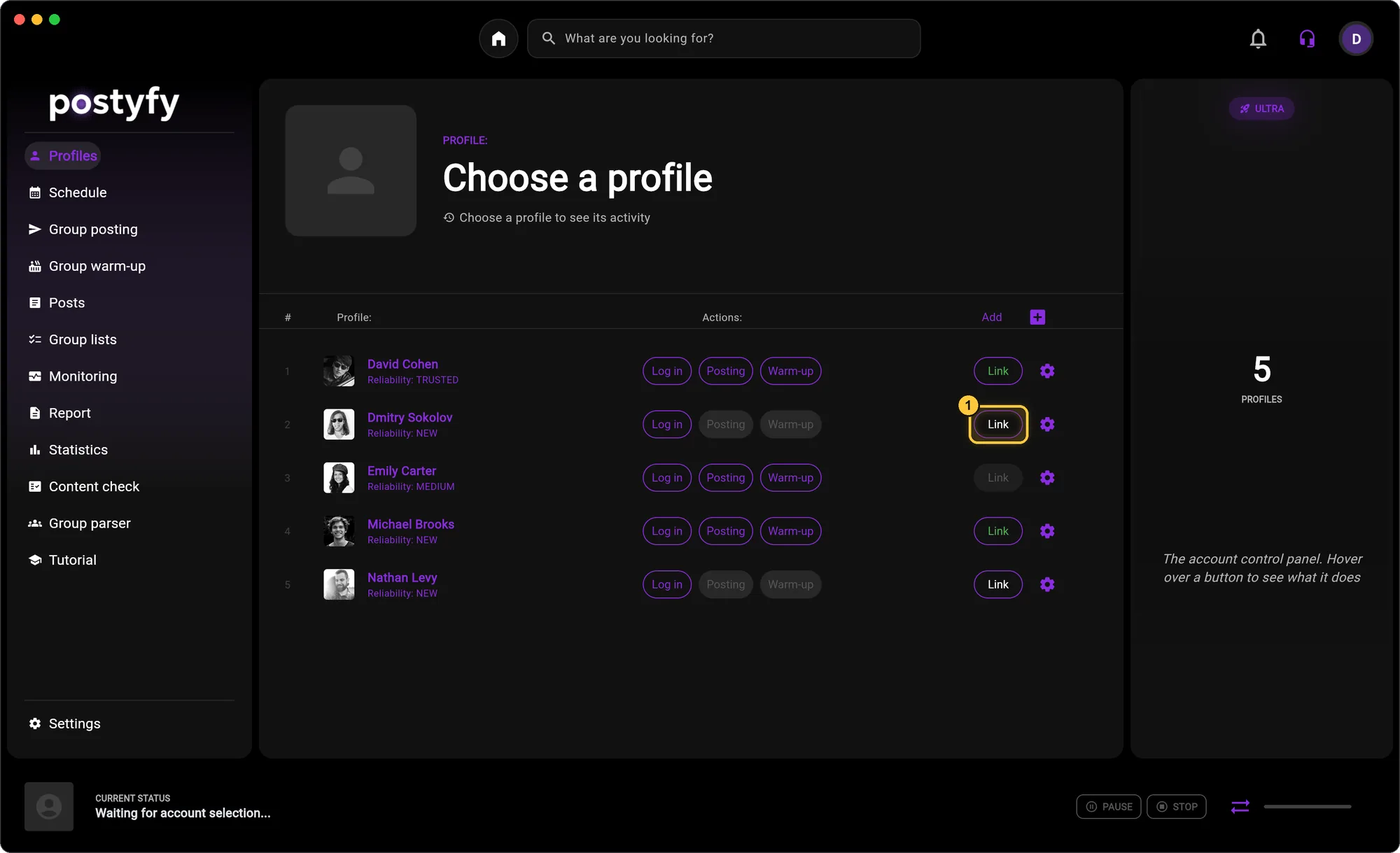 Click “Link” on the new account: a browser opens — sign in to Facebook and click “Done”.
(No linking needed if you use an antidetect browser.)
A green button means the account is linked. White means you need to link it again. Grey means this account uses an antidetect browser.
