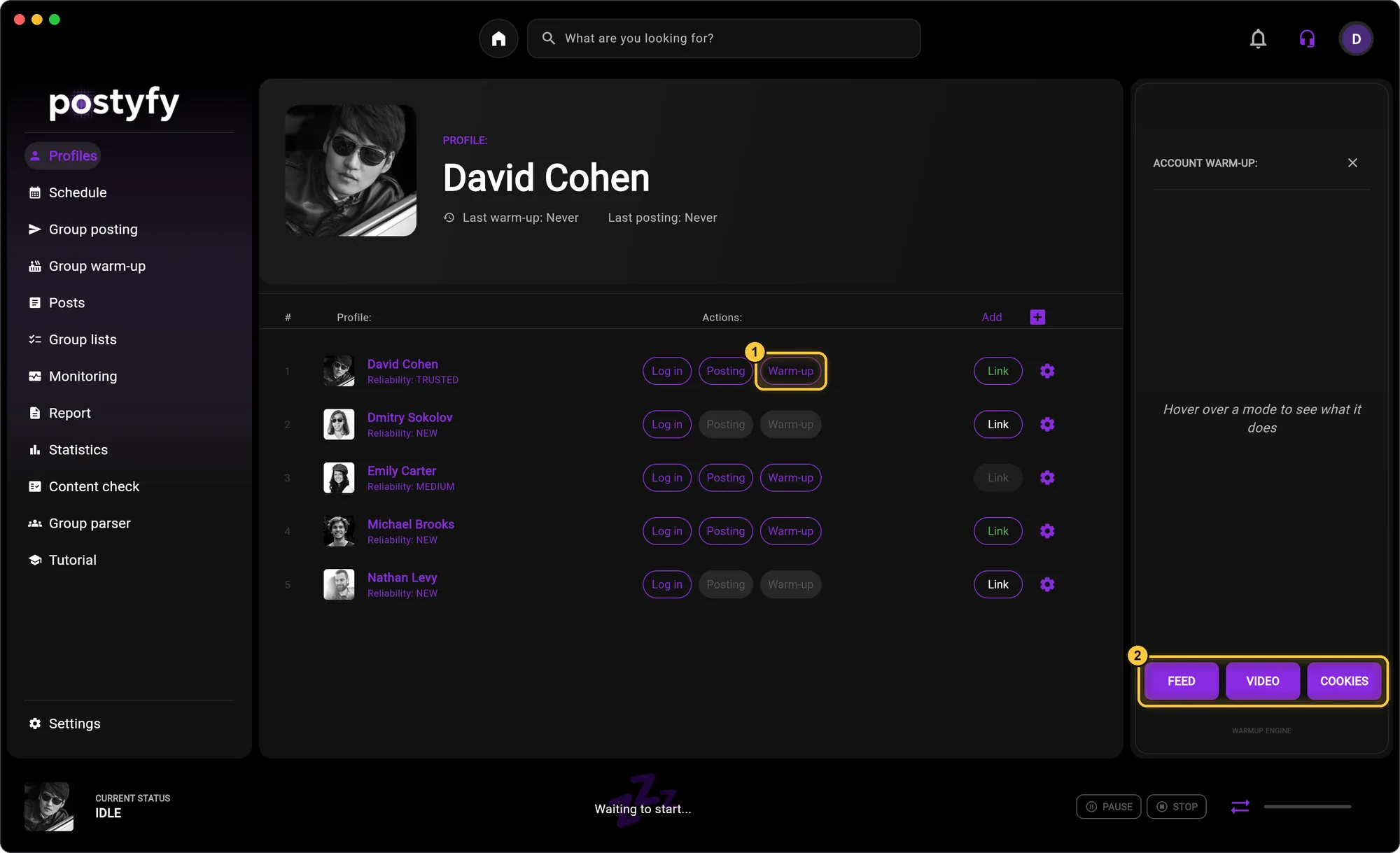 To warm up one account, click “Warm-up” in its row and pick a mode — FEED, VIDEO or COOKIES.