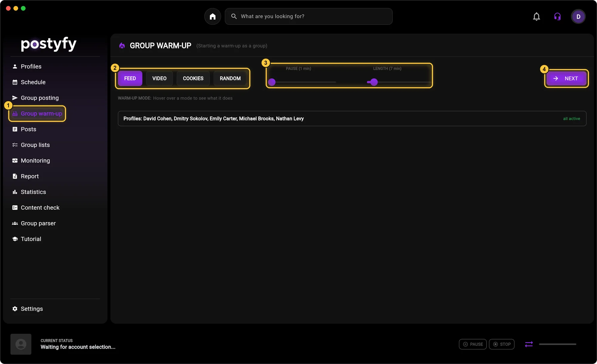 Group warm-up: set the mode, the pause between account launches and the warm-up duration for all accounts at once, then click “NEXT”.
(Note: how many accounts run at the same time depends on your plan. Check yours under Account (top right) → “Manage plan”.)