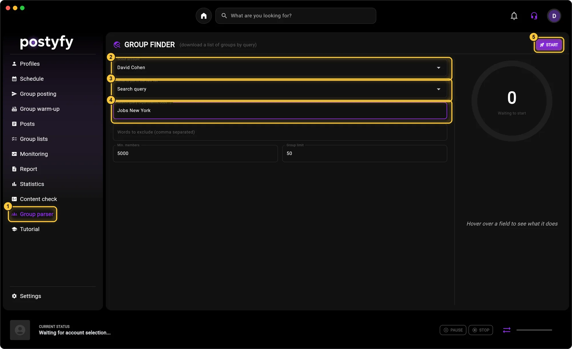 Group parser: choose a scout account, what to collect and a search query, then click “START”. The new list will appear in Group lists.