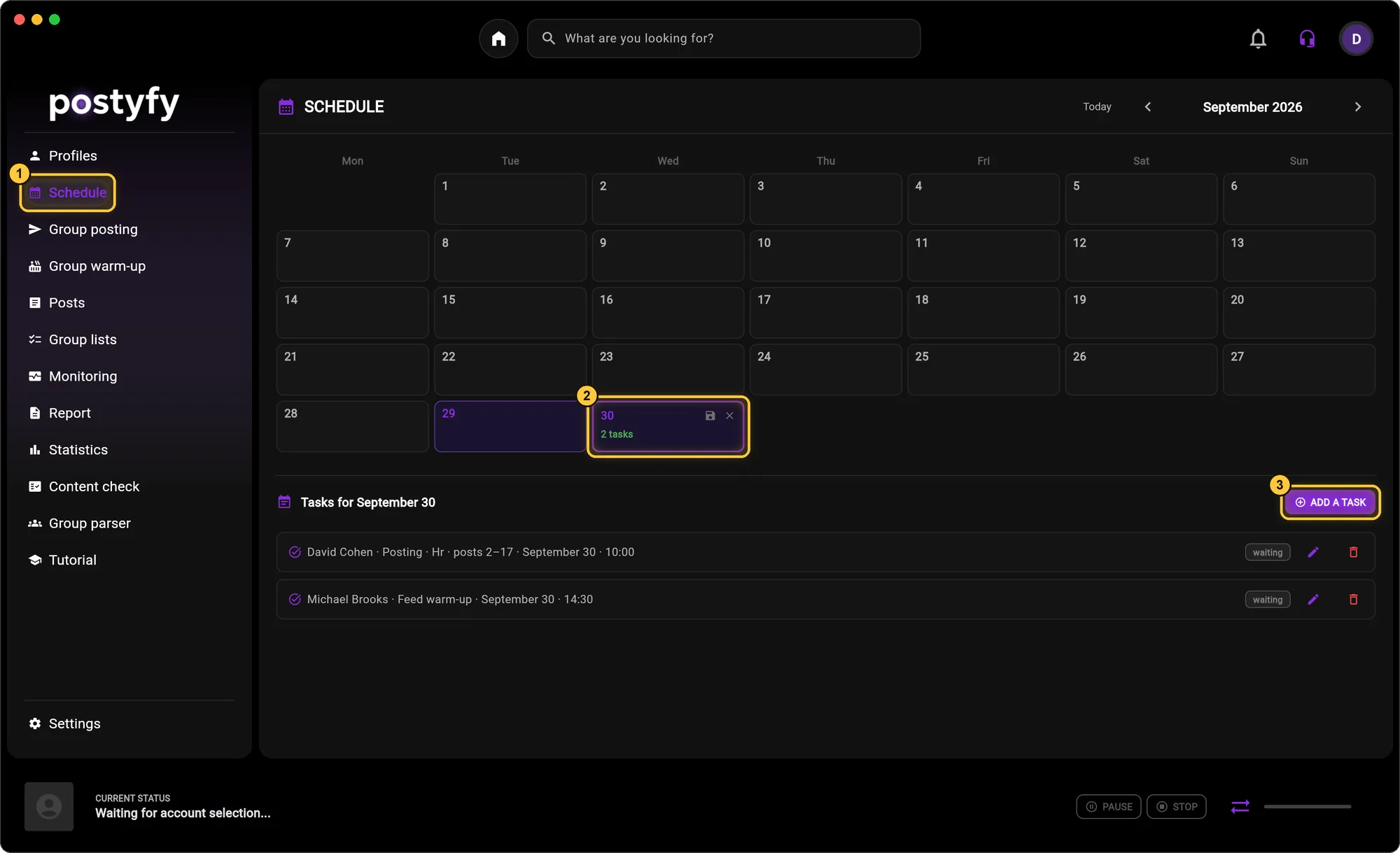 Schedule: pick a day and click “ADD A TASK”. That day's tasks are listed below the calendar.