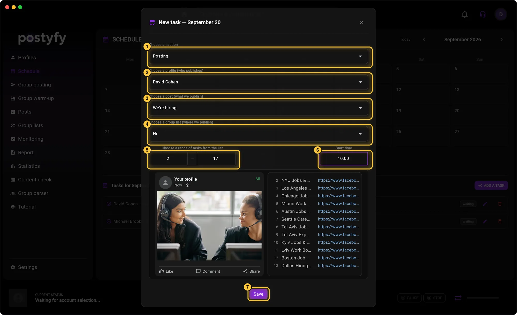 A task: set the action, profile, post, group list, range and time, then click “Save”. A warm-up only needs a profile and a time.