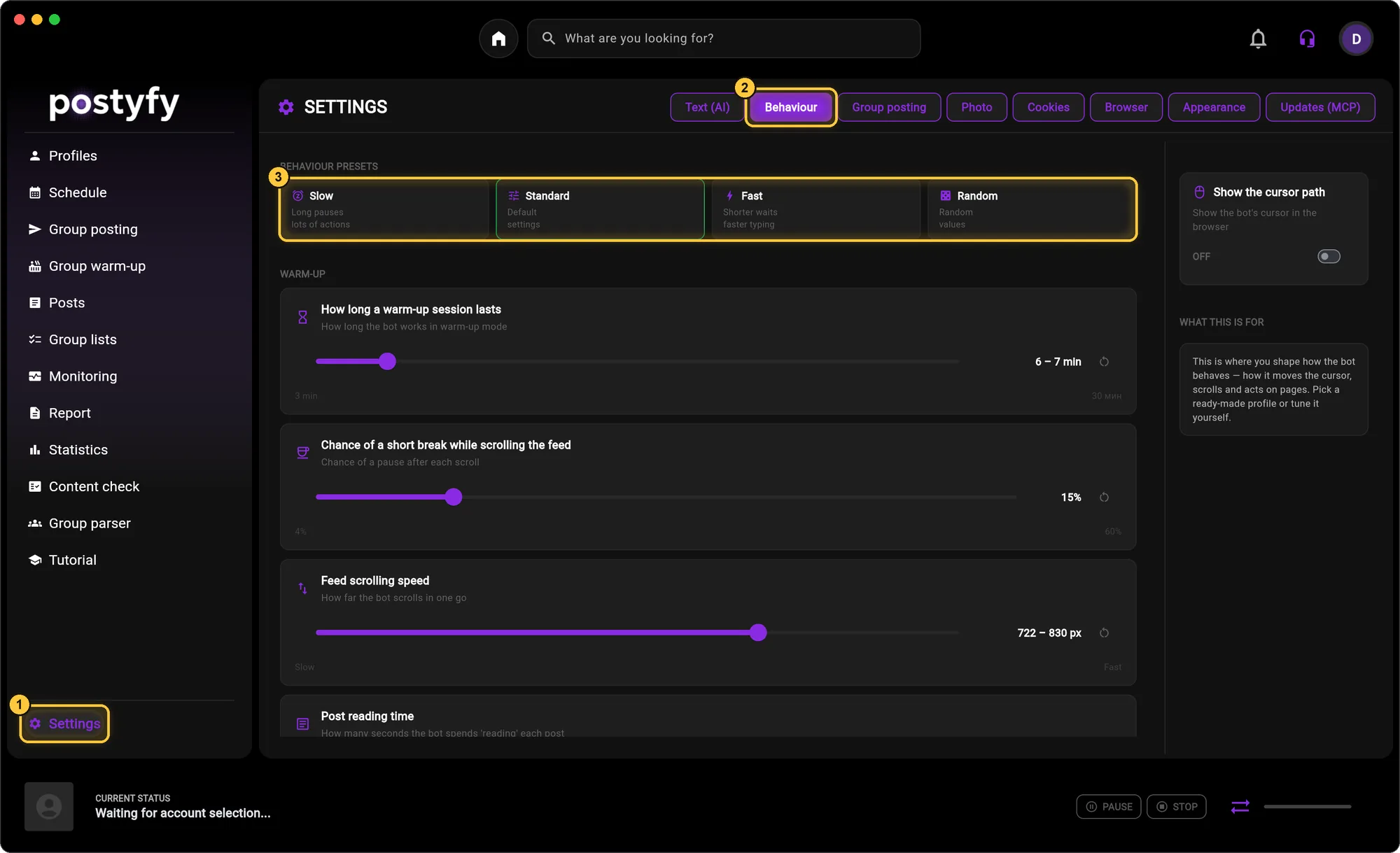 Settings → Behaviour: choose a ready-made preset or fine-tune each setting below.