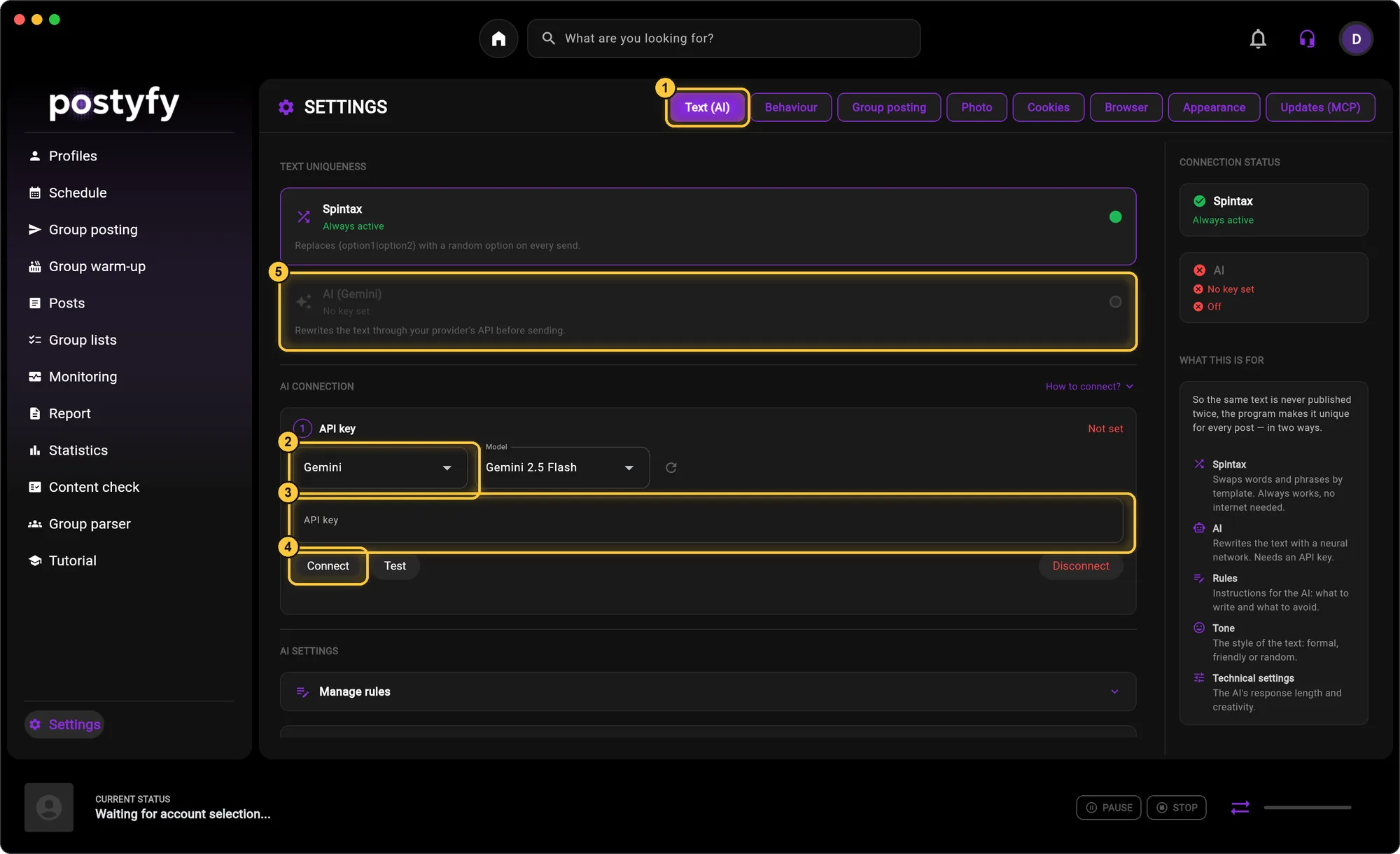 Settings → Text (AI): choose a provider, paste your API key, click “Connect” — then switch AI on.