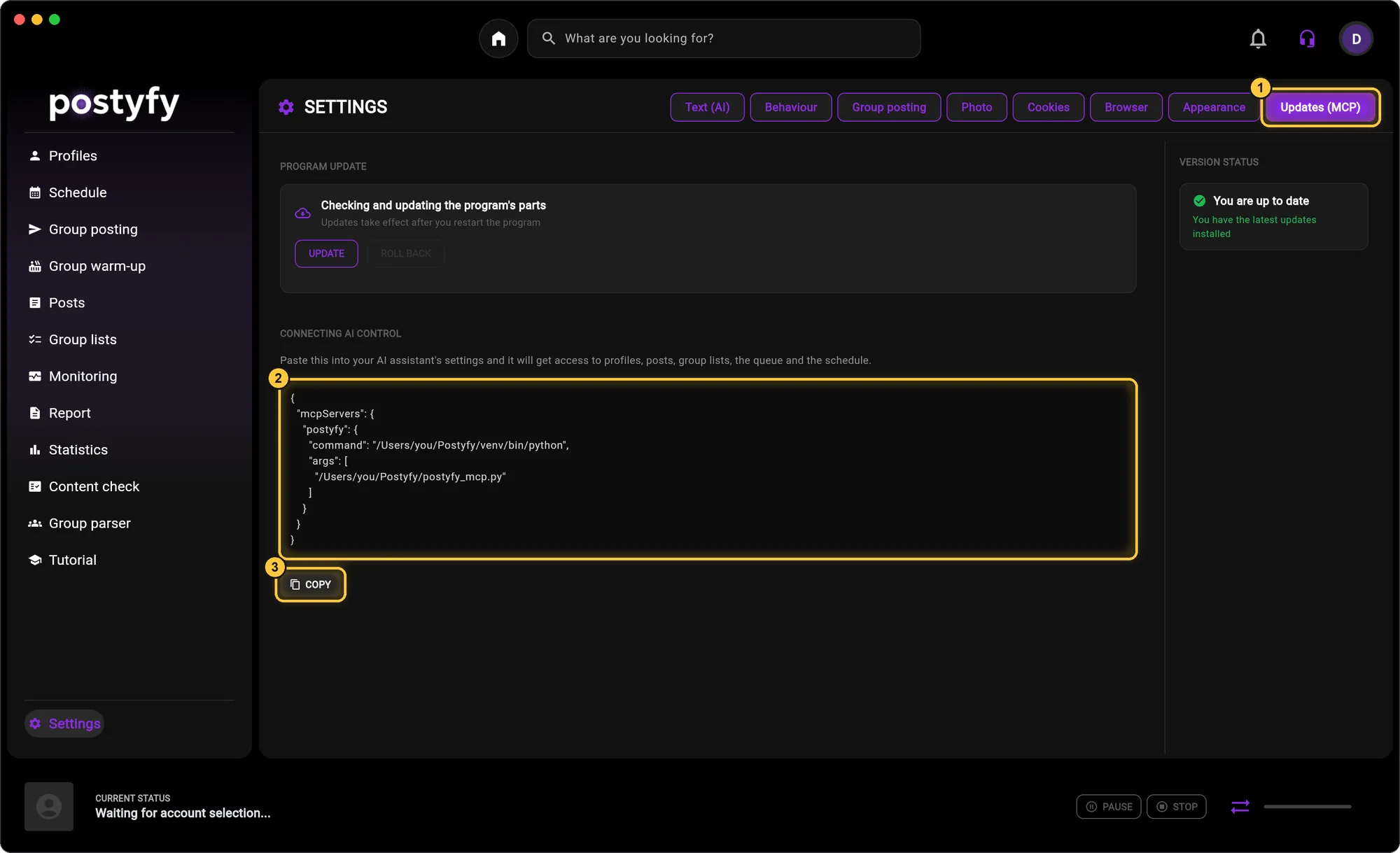 Settings → Updates (MCP): copy the config and paste it into your AI assistant's settings.